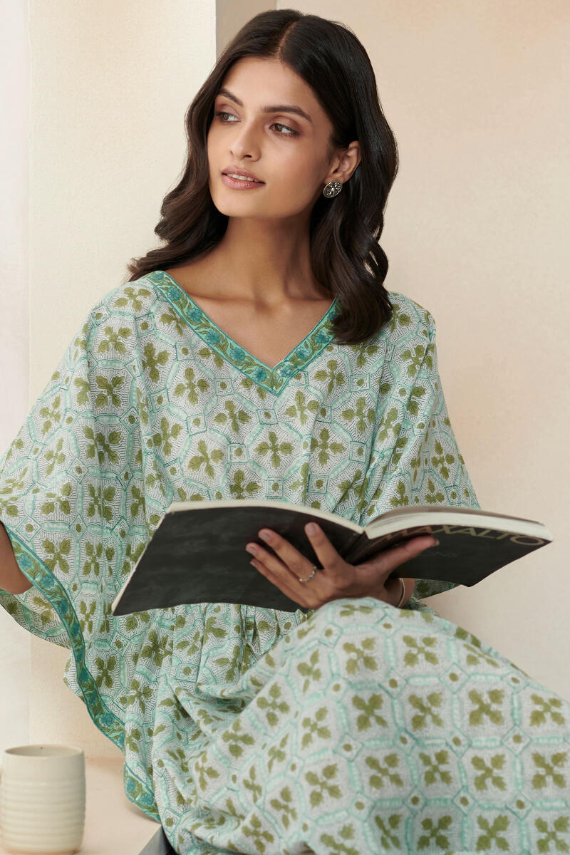 Green Hand Block Printed Cotton Kaftan