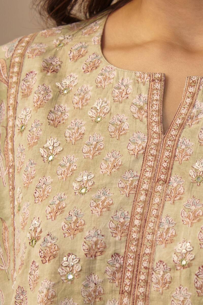 Green Hand Block Printed Cotton Kaftan