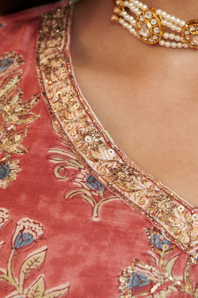 Red Hand Block Printed Straight Modal Kurta