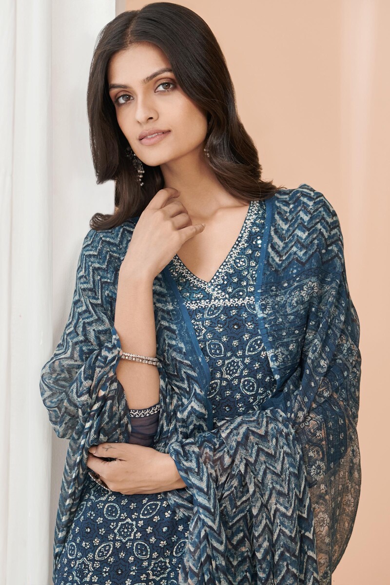Indigo Hand Block Printed Kota Dupatta