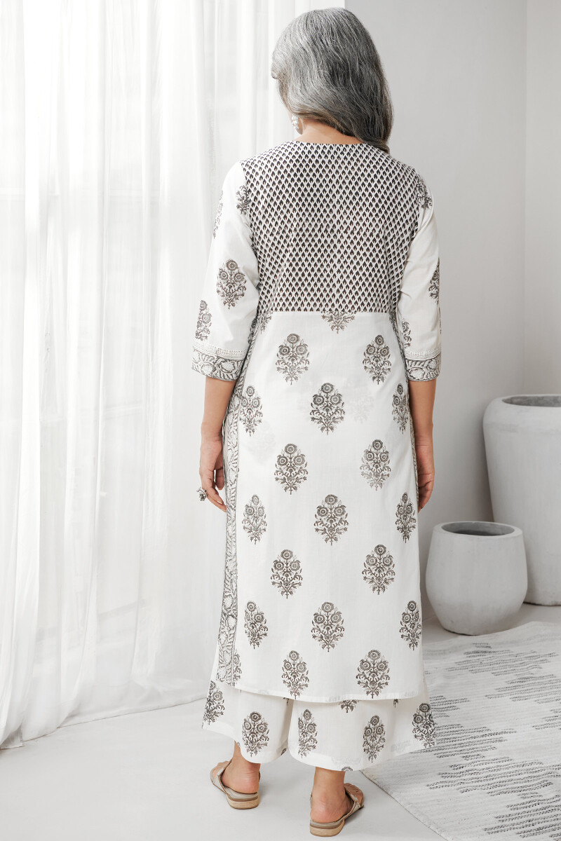 White Hand Block Printed Straight Cotton Kurta