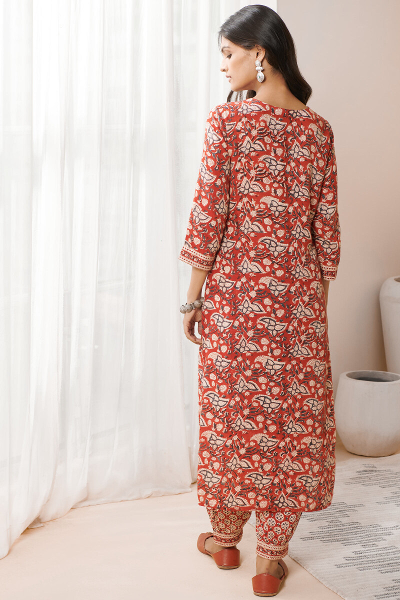 Red Hand Block Printed Straight Modal Kurta