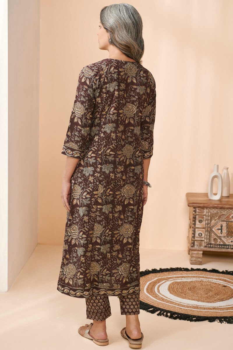 Brown Hand Block Printed A-Line Cotton Kurta