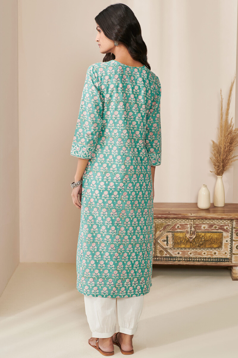 Blue Hand Block Printed Straight Cotton Kurta