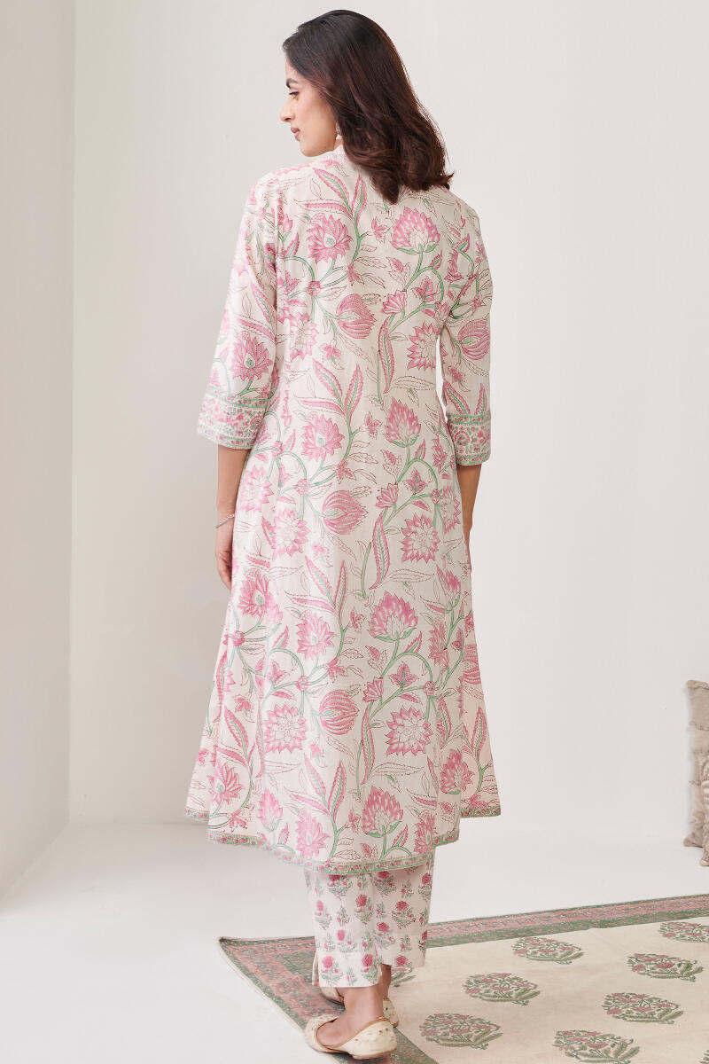 White Hand Block Printed Angrakha Cotton Kurta