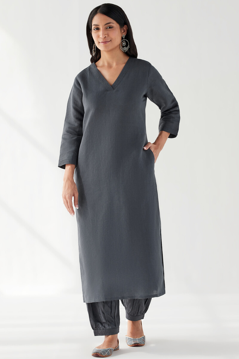 Blue Handcrafted Straight Cotton Linen Kurta