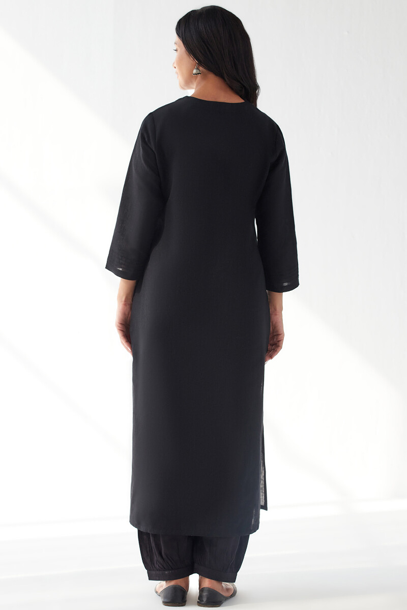 Black Handcrafted Straight Cotton Linen Kurta
