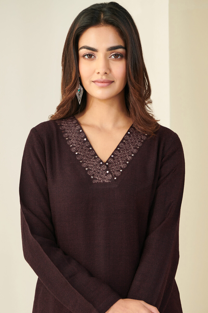 Maroon Handcrafted Straight Faux Wool Kurta