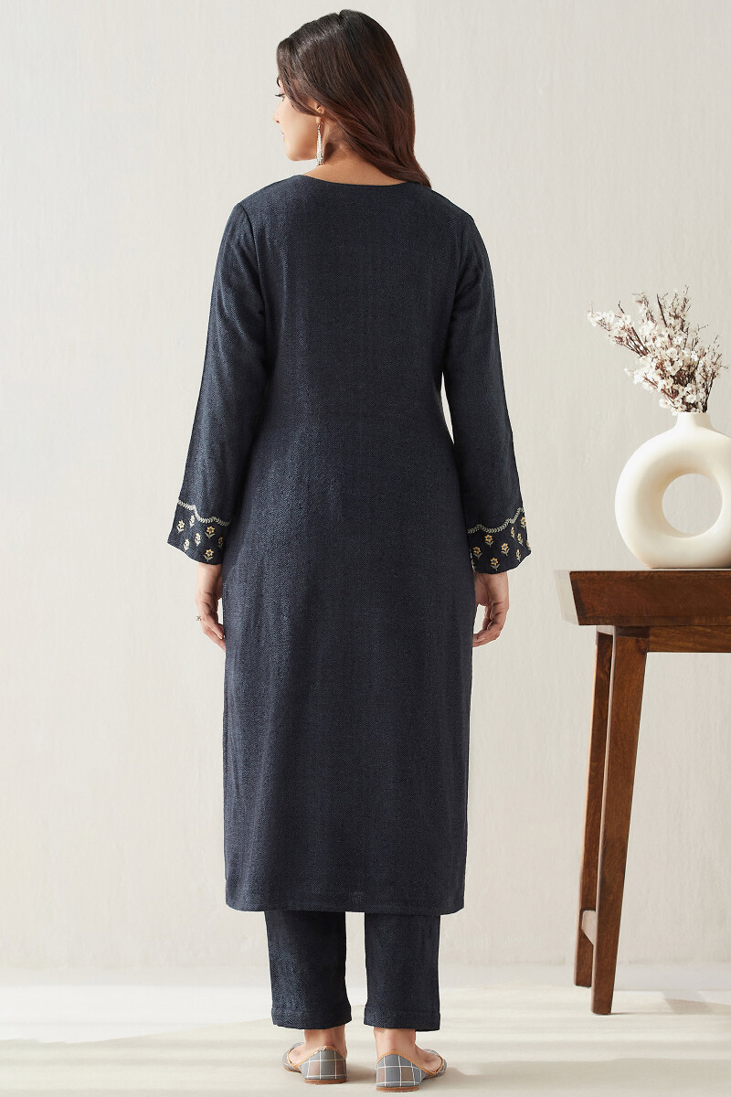 Blue Handcrafted Straight Faux Wool Kurta