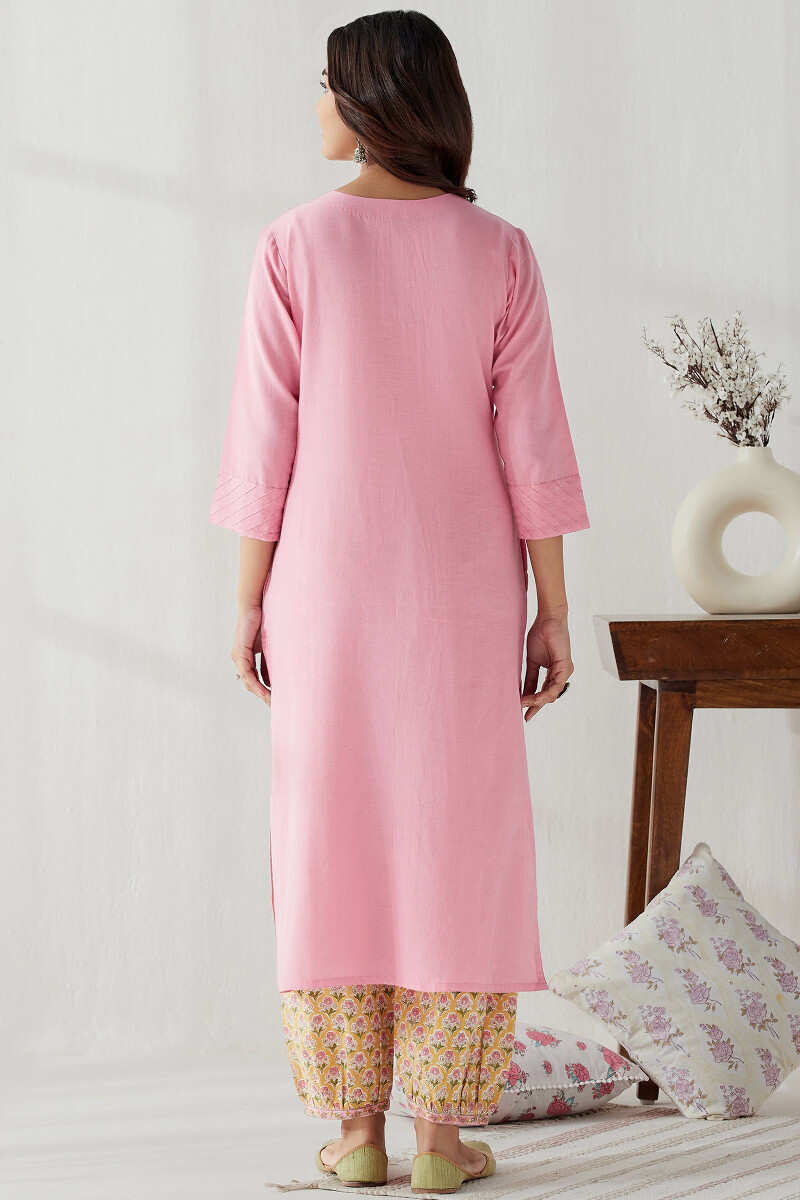 Pink Handcrafted Straight Handloom Kurta