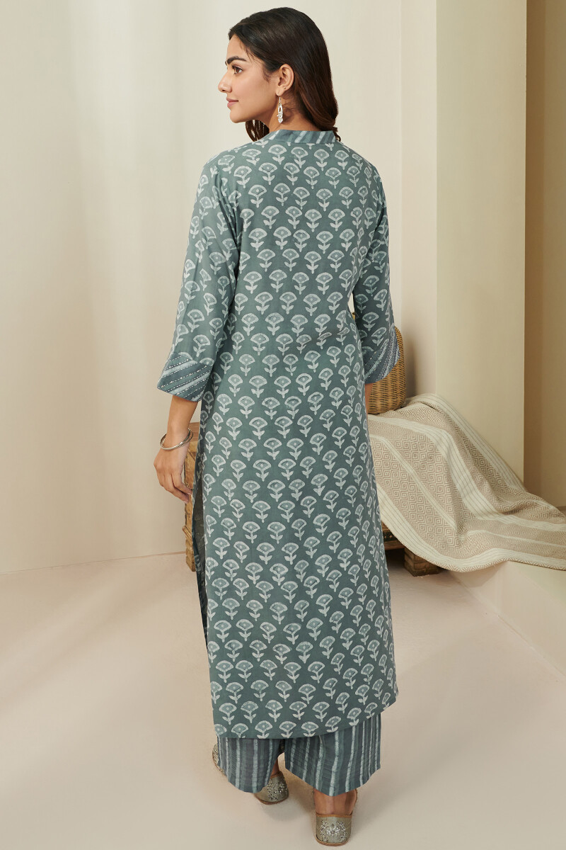 Grey Hand Block Printed Straight Modal Kurta
