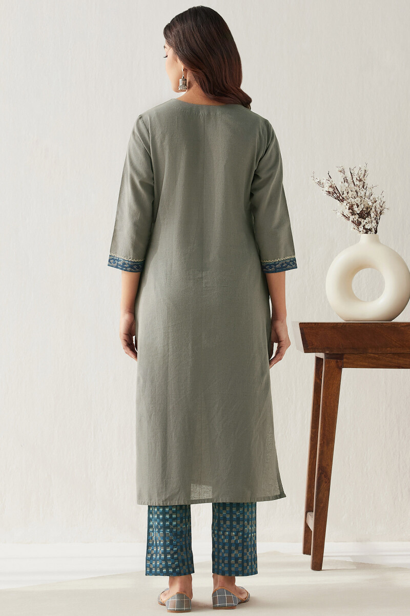 Grey Hand Block Printed Straight Handloom Kurta