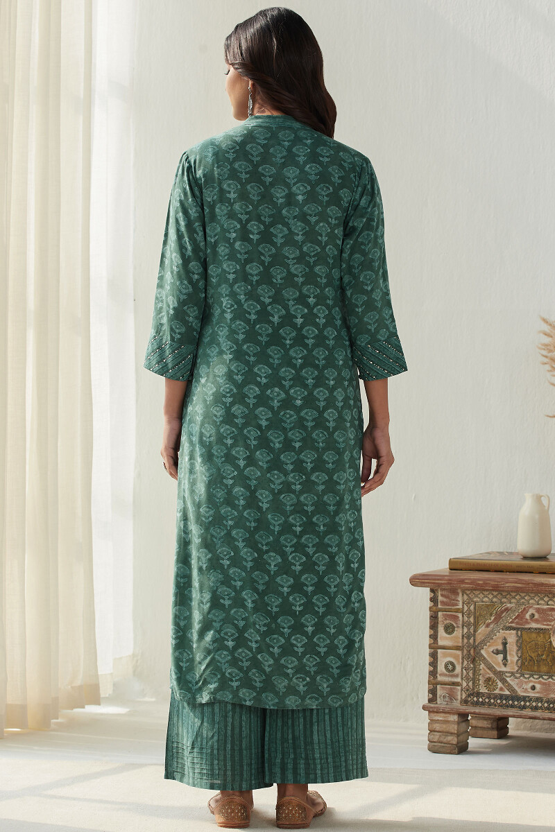 Green Hand Block Printed Straight Modal Kurta