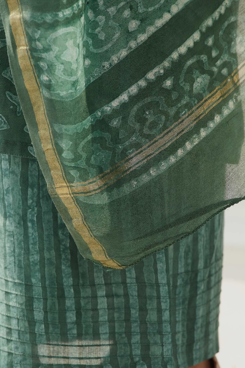 Green Hand Block Printed Chanderi Dupatta