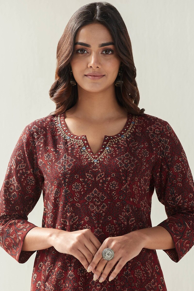 Red Hand Block Printed Straight Cotton Dobby Kurta