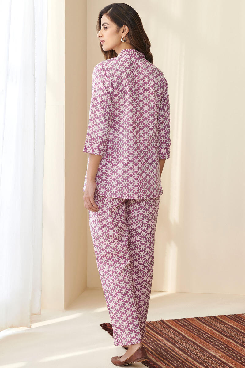 Purple Hand Block Printed Cotton Loungewear Set