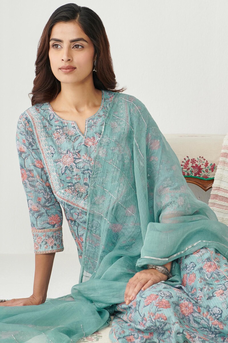 Blue Hand Block Printed A-Line Cotton Kurta