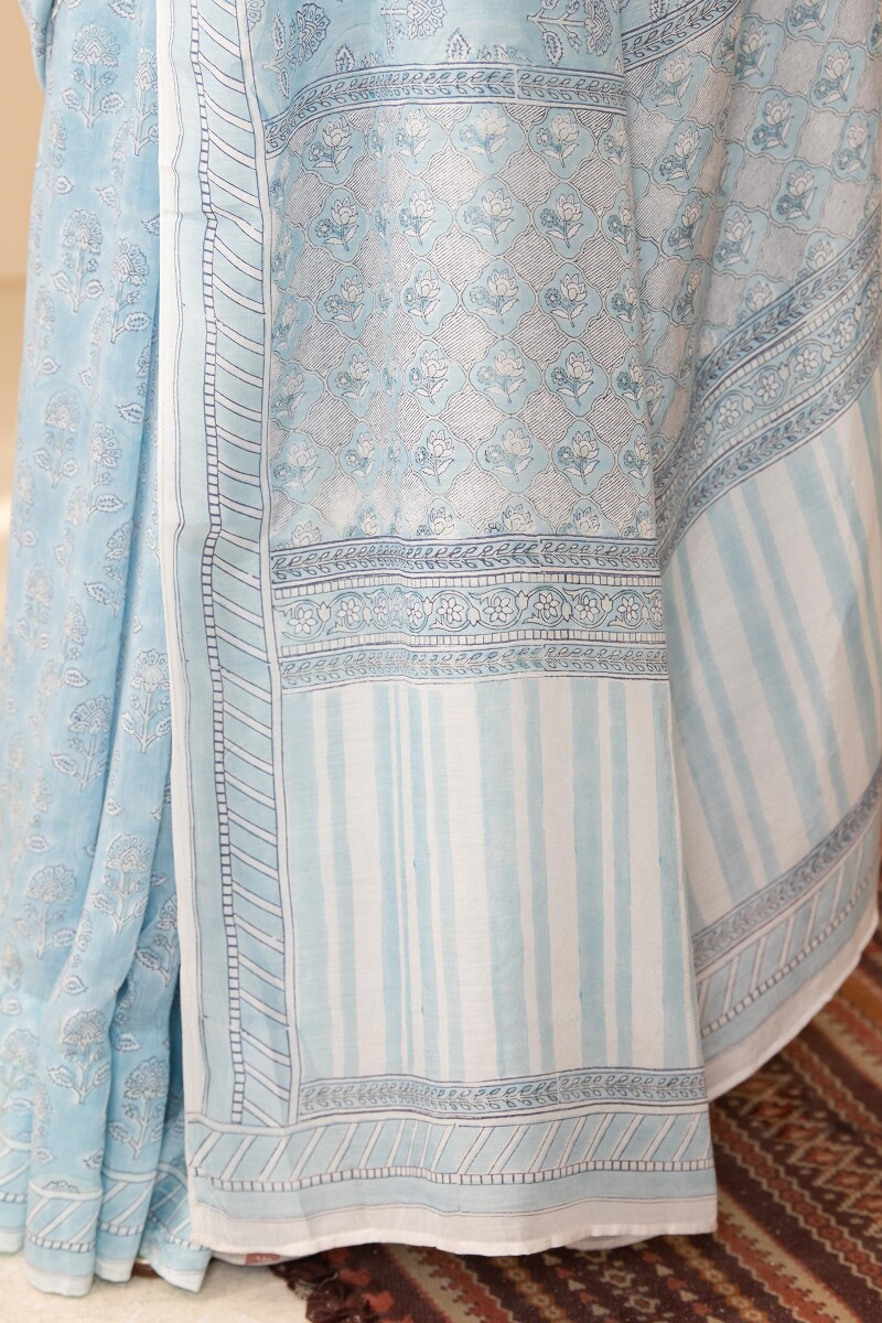 Blue Hand Block Printed Cotton Silk Saree