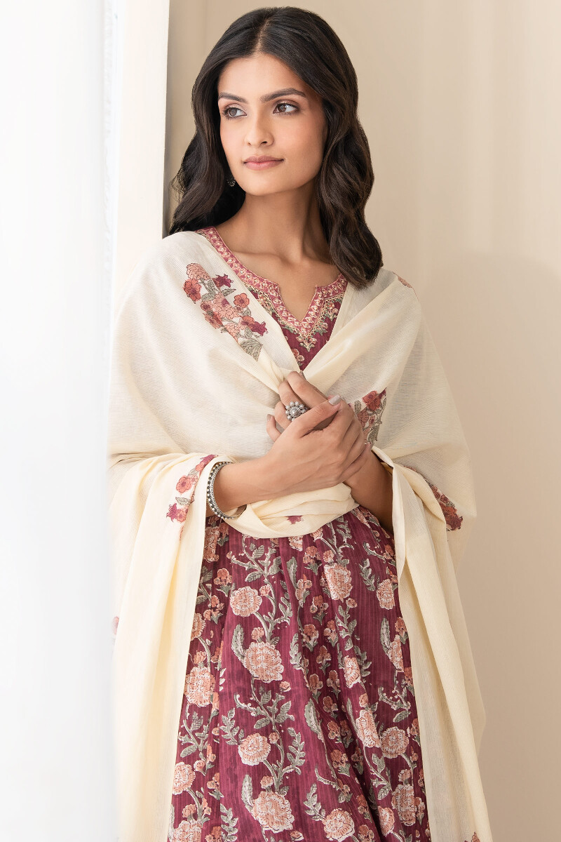 Maroon Hand Block Printed Anarkali Cotton Kurta