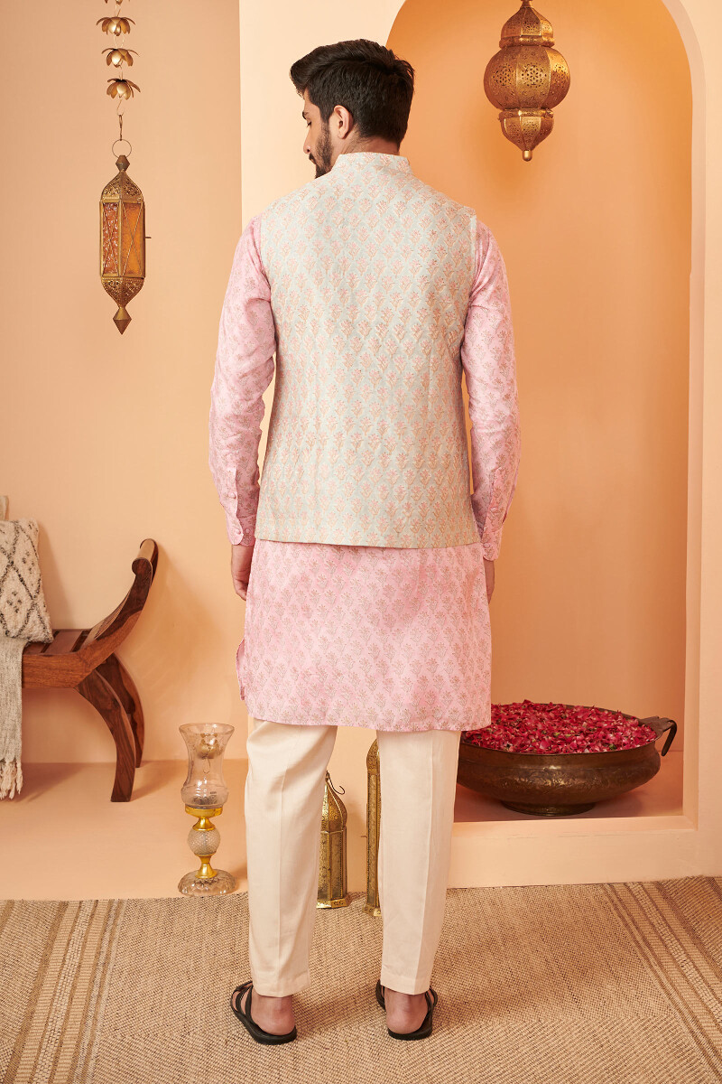 Blue Hand Block Printed Chanderi Nehru Jacket