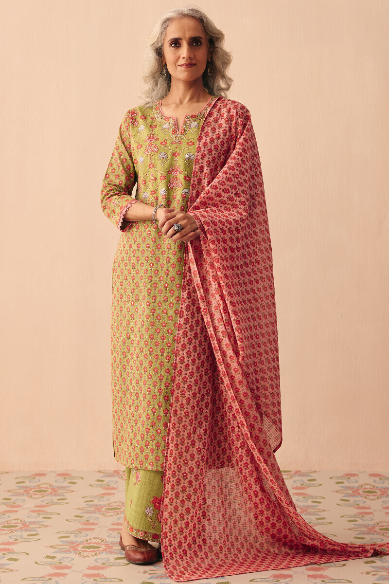 Green Hand Printed Cotton Slub Farsi