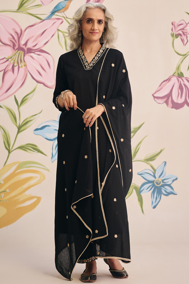 Black Handcrafted Straight Cotton Dobby Kurta
