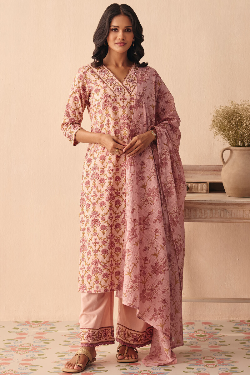 Pink Hand Printed Straight Cotton Dobby Kurta