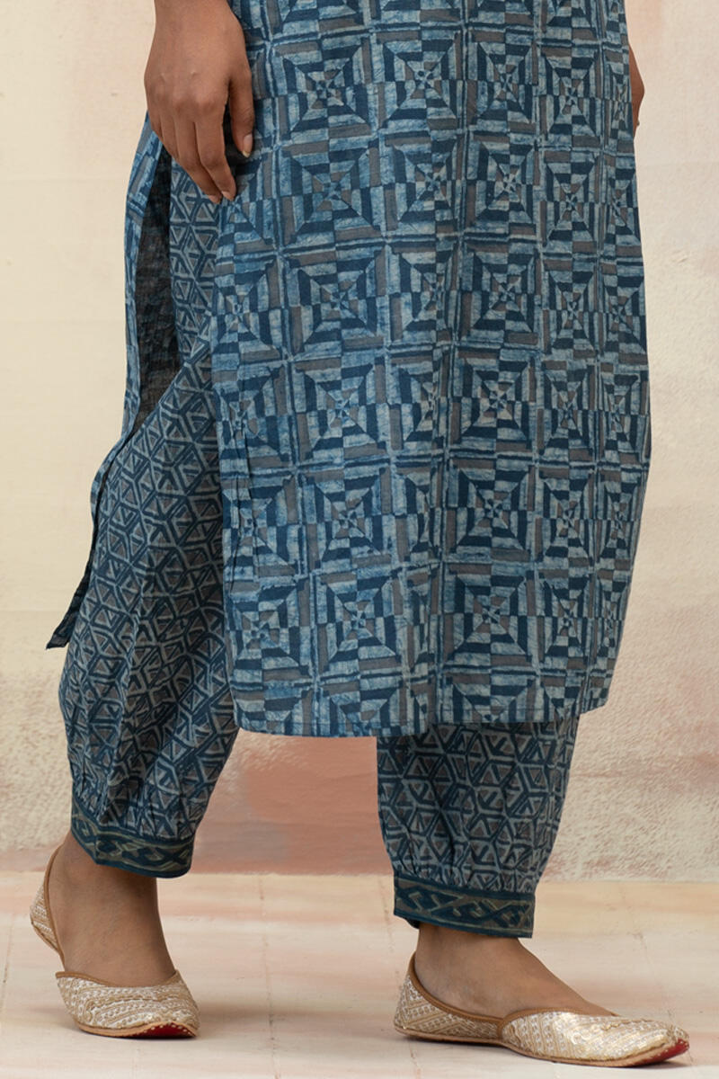 Indigo Block Printed Straight Cotton Kurta