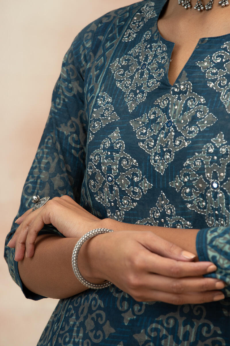 Indigo Block Printed A-Line Cotton Kurta