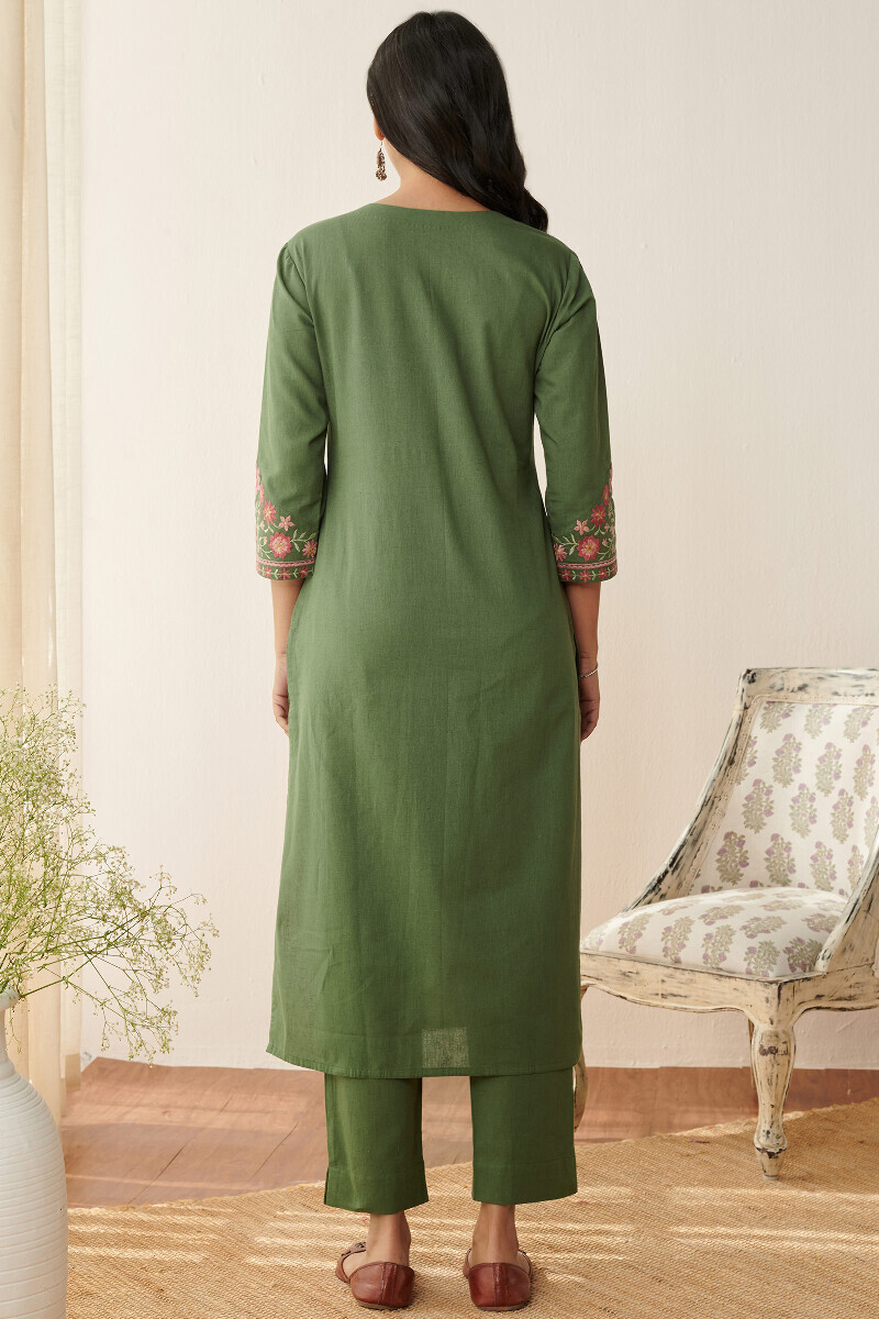 Green Handcrafted Straight Cotton Flax Kurta