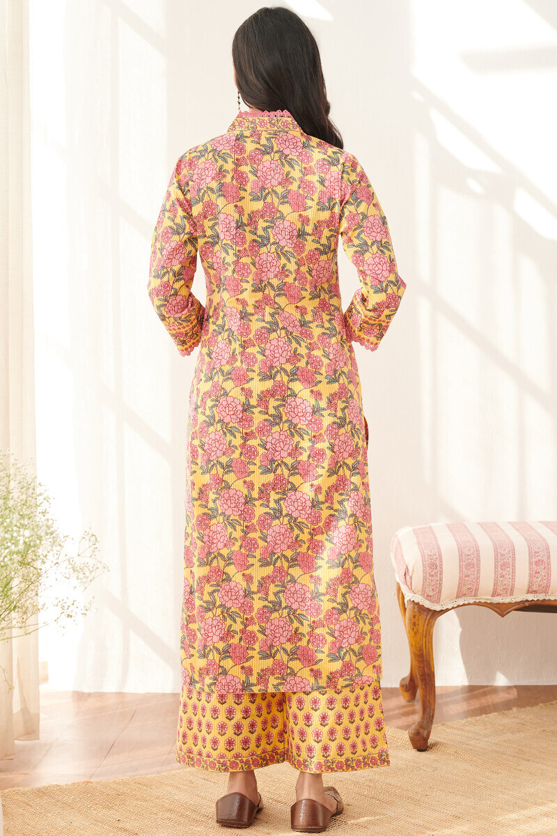 Yellow Hand Printed Straight Cotton Dobby Kurta