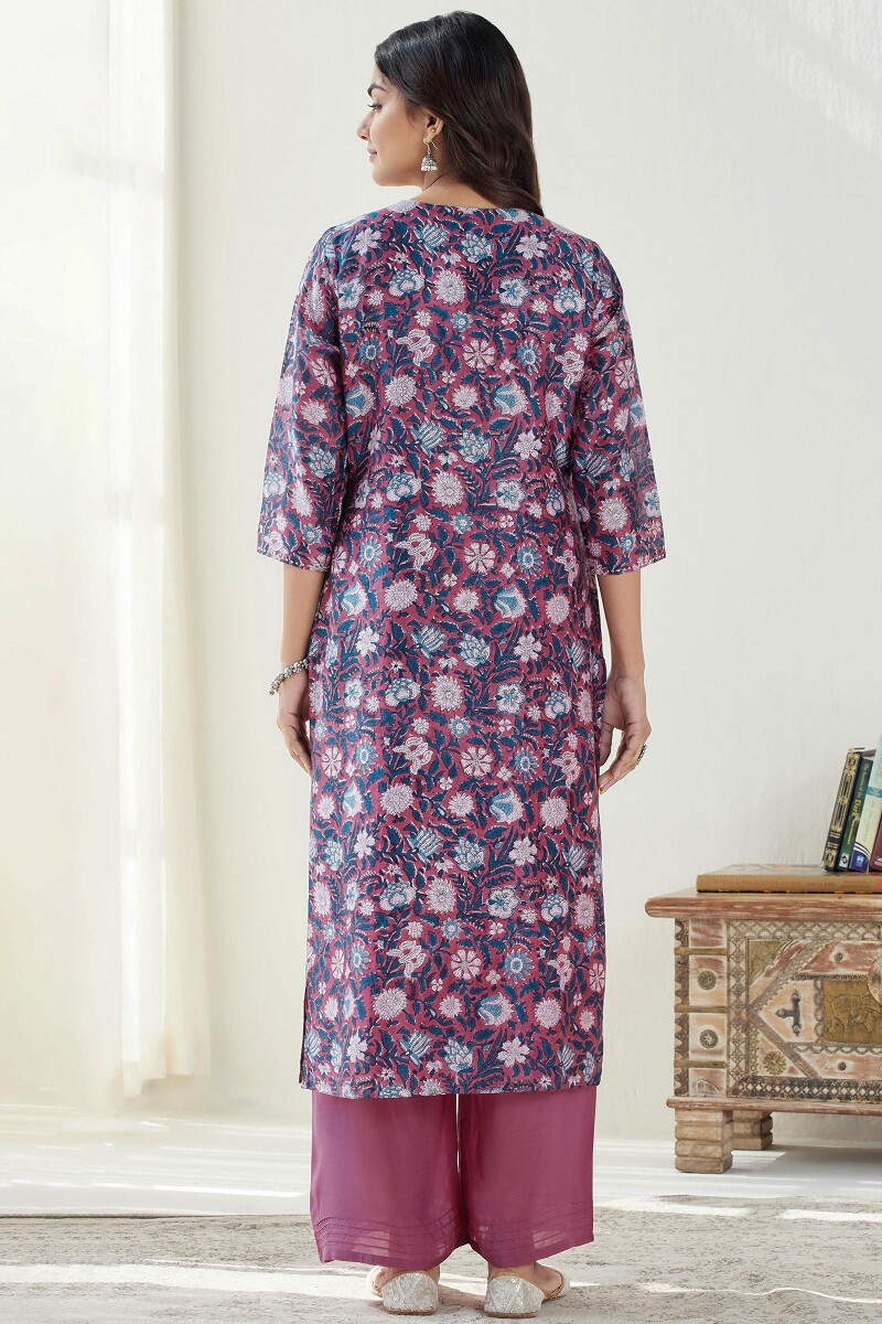 Purple Hand Block Printed Straight Chanderi Kurta