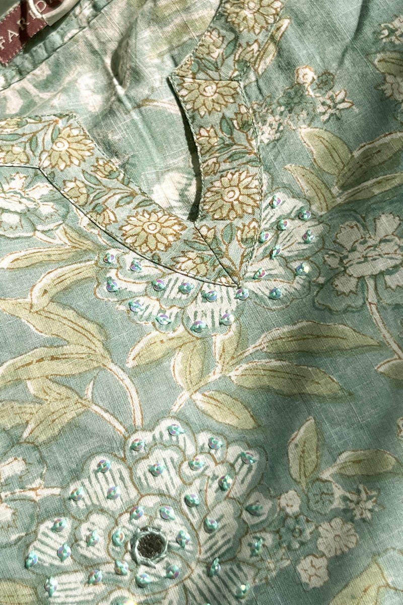 Blue Hand Block Printed Straight Cotton Slub Kurta