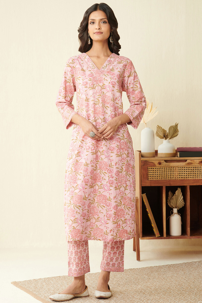 Pink Hand Block Printed Straight Cotton Kurta