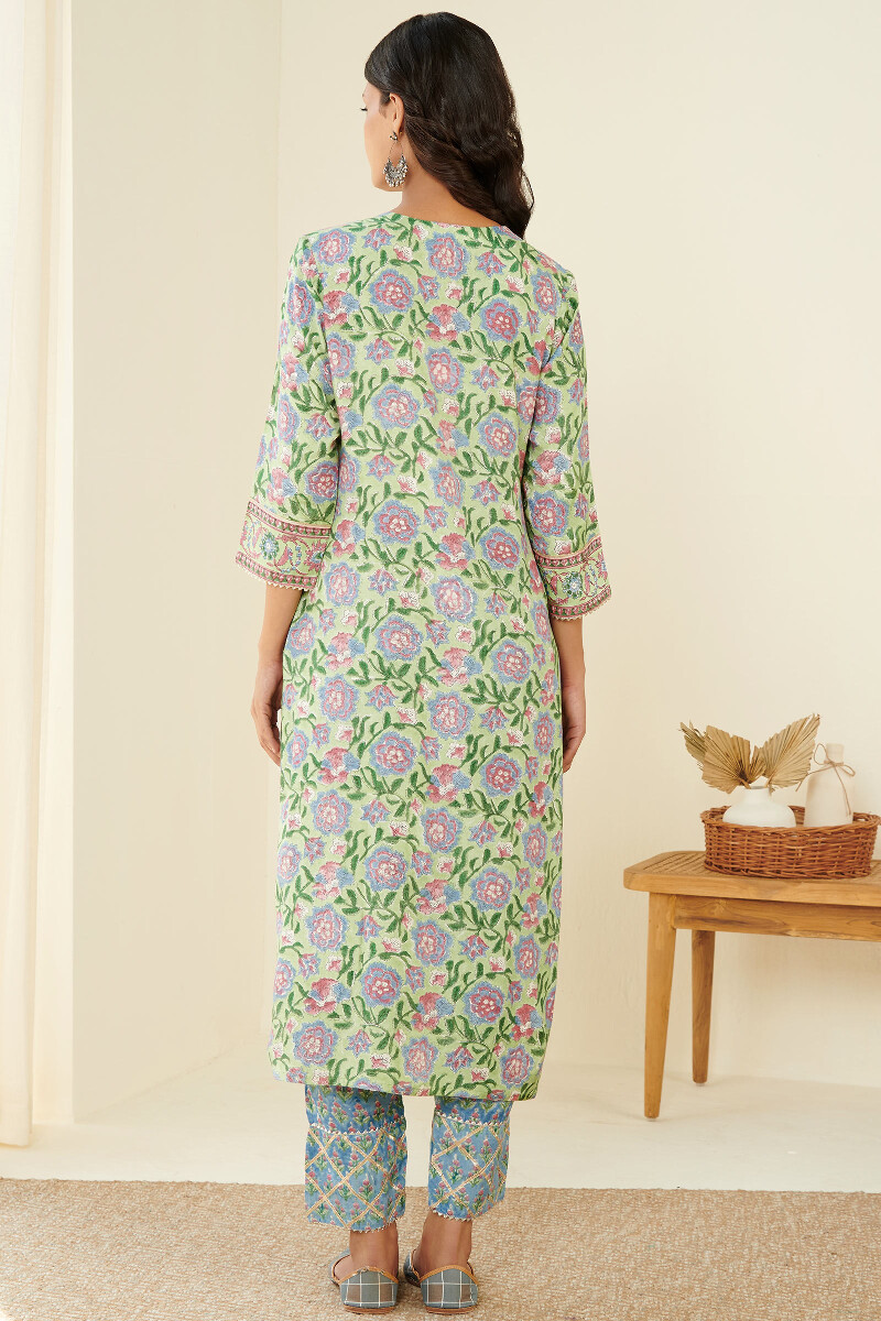 Green Block Printed Straight Cotton Kurta