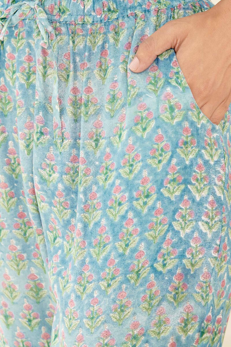 Blue Hand Block Printed Modal Narrow Pants