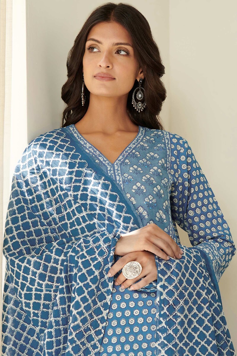 Indigo Hand Block Printed A-Line Cotton Kurta