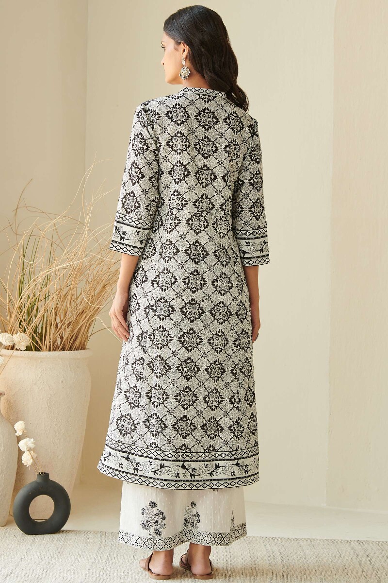 White Hand Block Printed A-Line Cotton Kurta