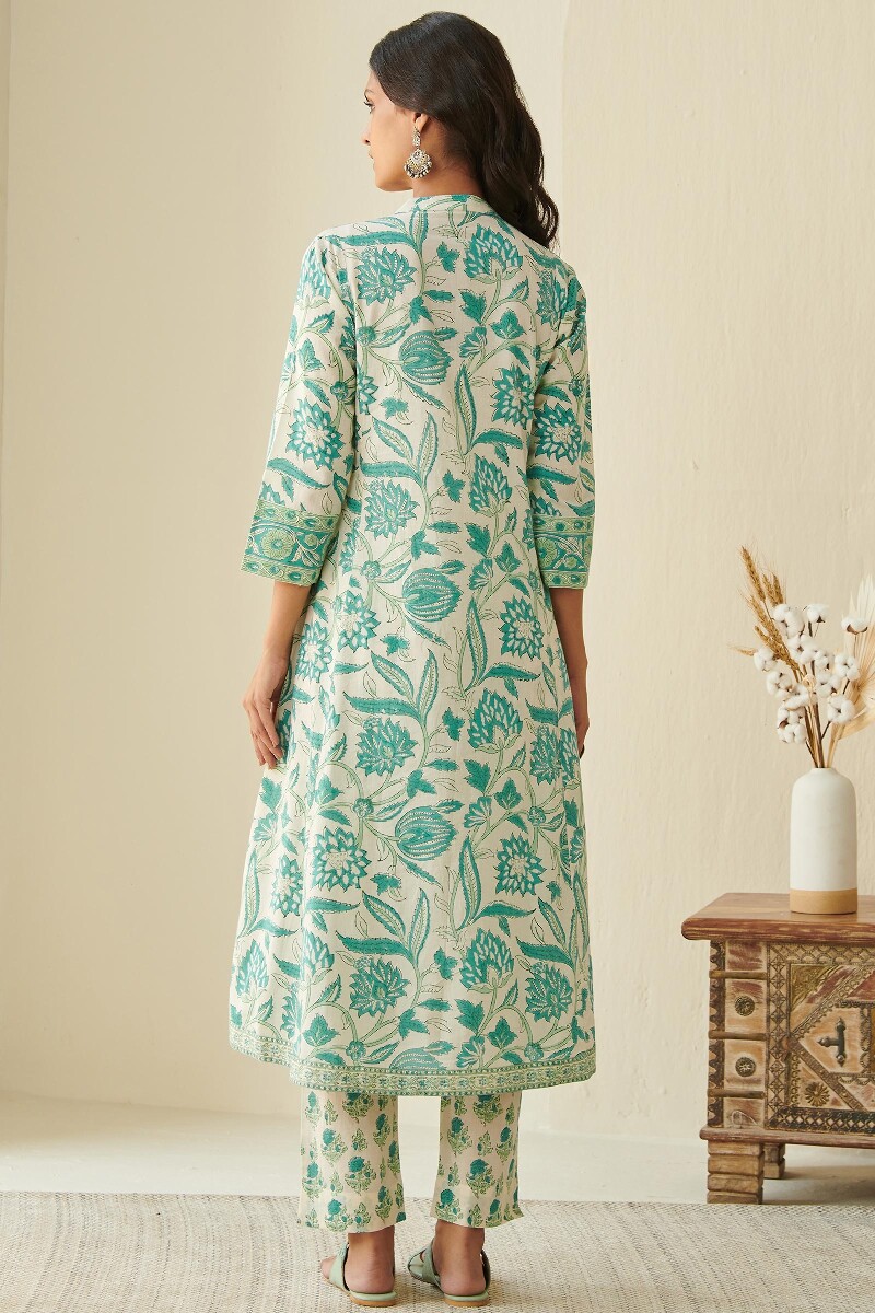 Turquoise Hand Block Printed A-Line Cotton Kurta