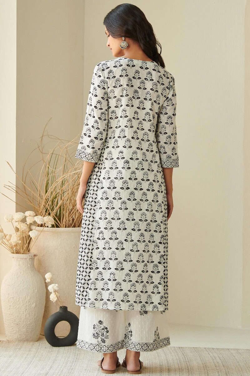 White Hand Block Printed Straight Cotton Kurta
