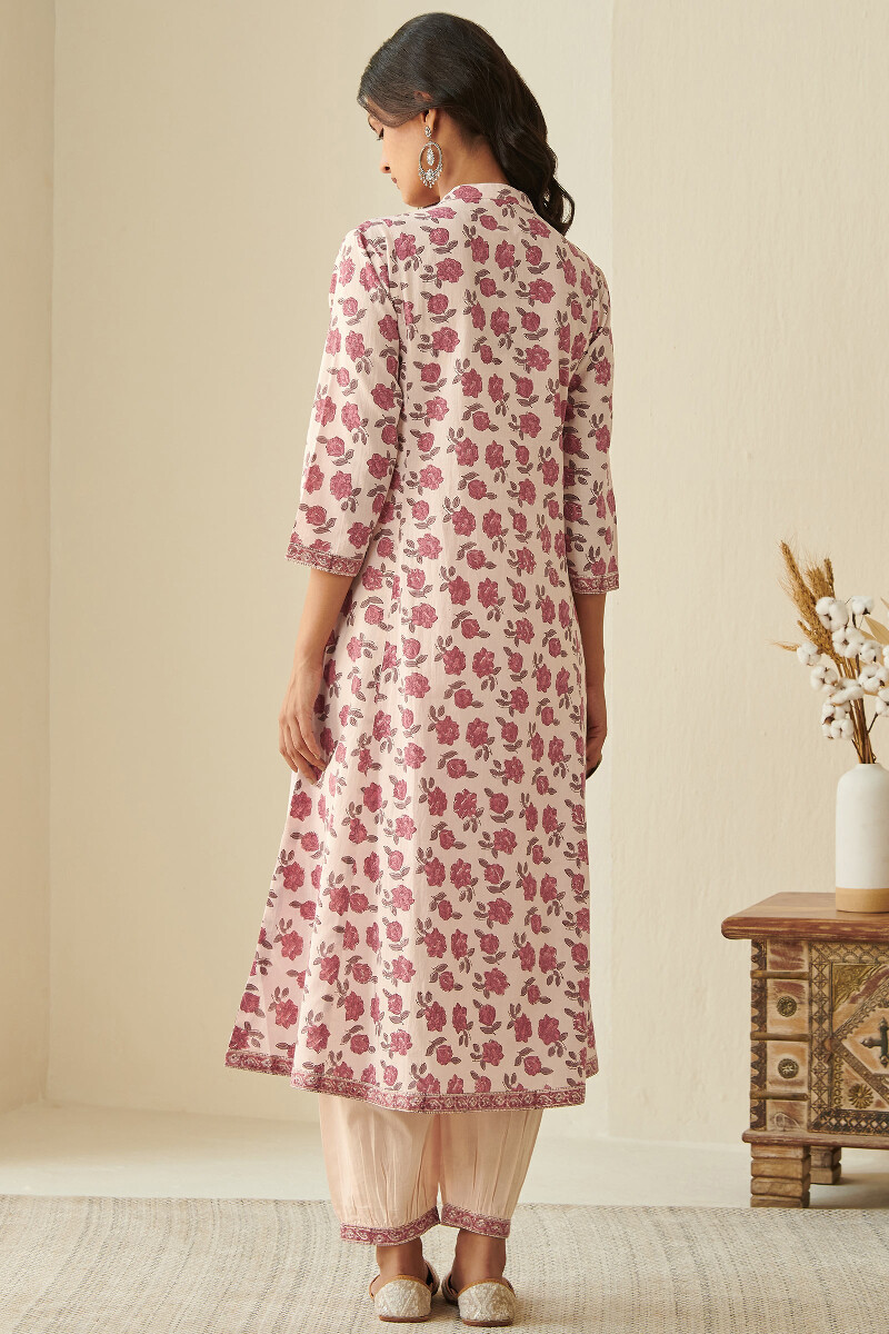 Pink Hand Block Printed Angrakha Cotton Kurta