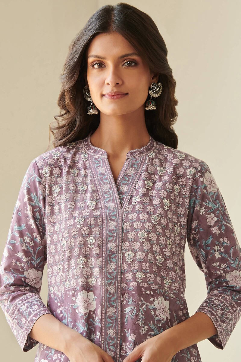 Purple Hand Block-Printed A-Line Cotton Kurta