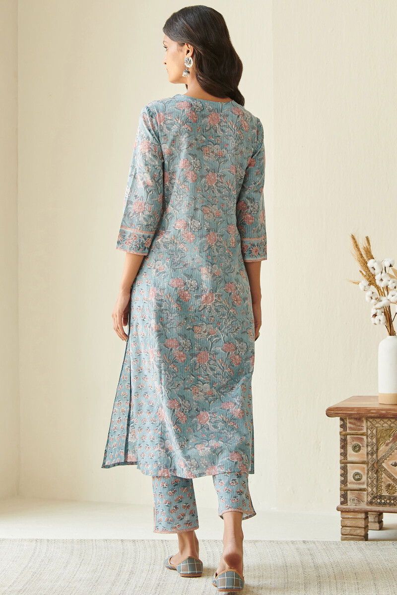 Blue Hand Block Printed A-Line Cotton Kurta