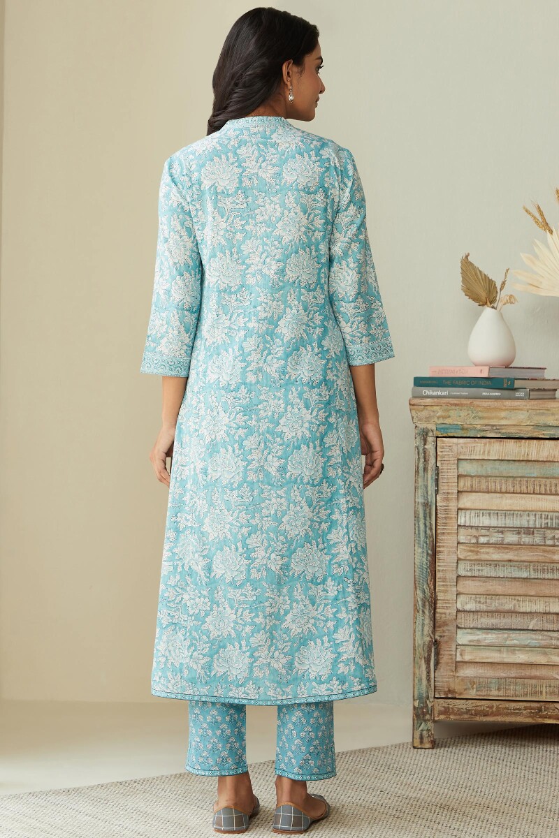 Blue Hand Block Printed A-Line Cotton Kurta