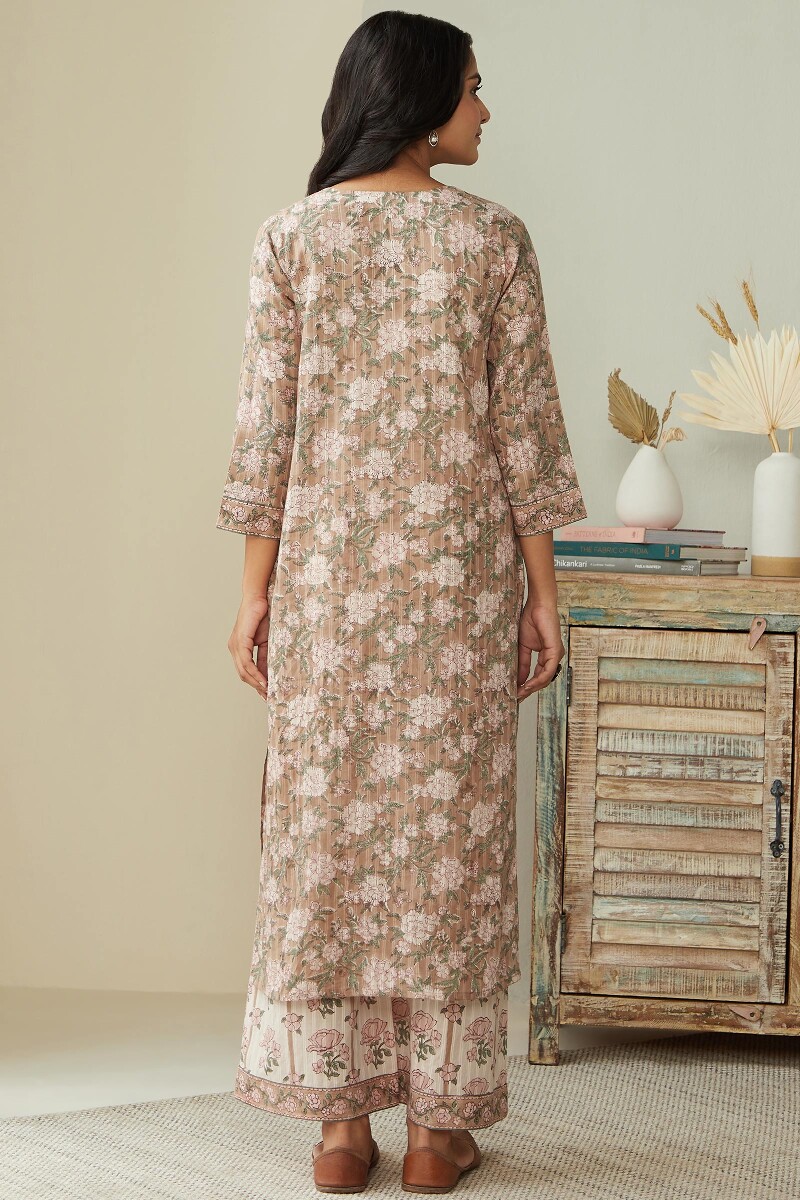 Brown Hand Block-Printed Straight Cotton Dobby Kurta