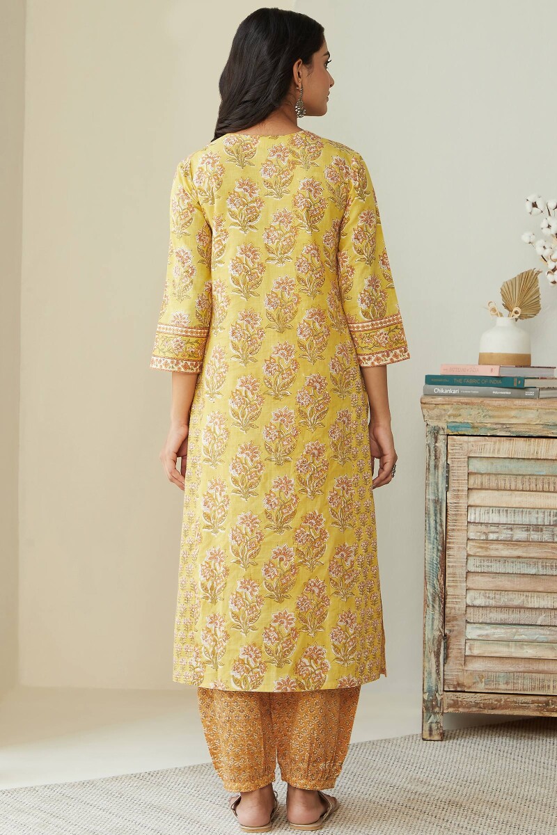 Yellow Hand Block-Printed Straight Cotton Kurta
