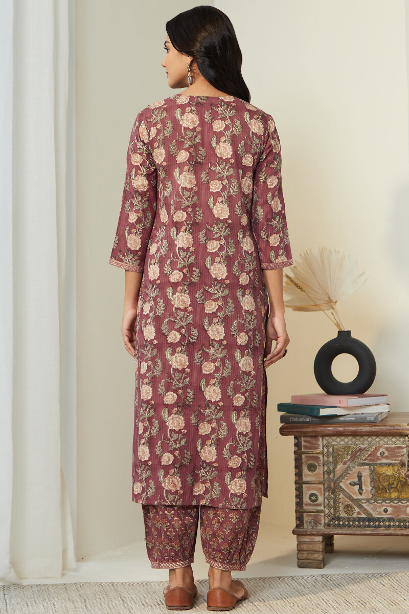 Maroon Hand Block Printed Straight Cotton Kurta