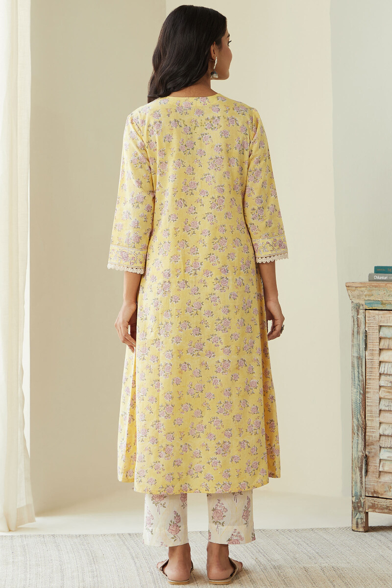 Yellow Hand Block Printed A-Line Cotton Kurta