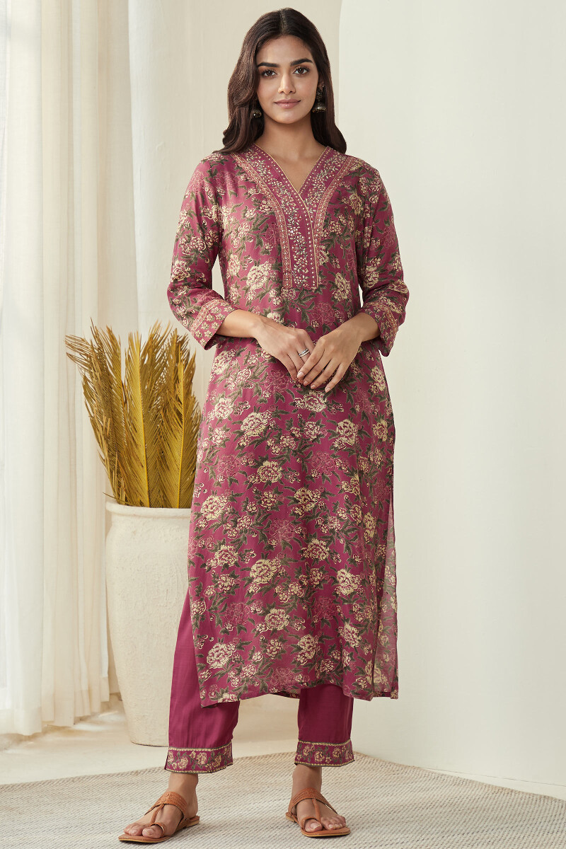 Pink Hand Block-Printed Straight Modal Kurta