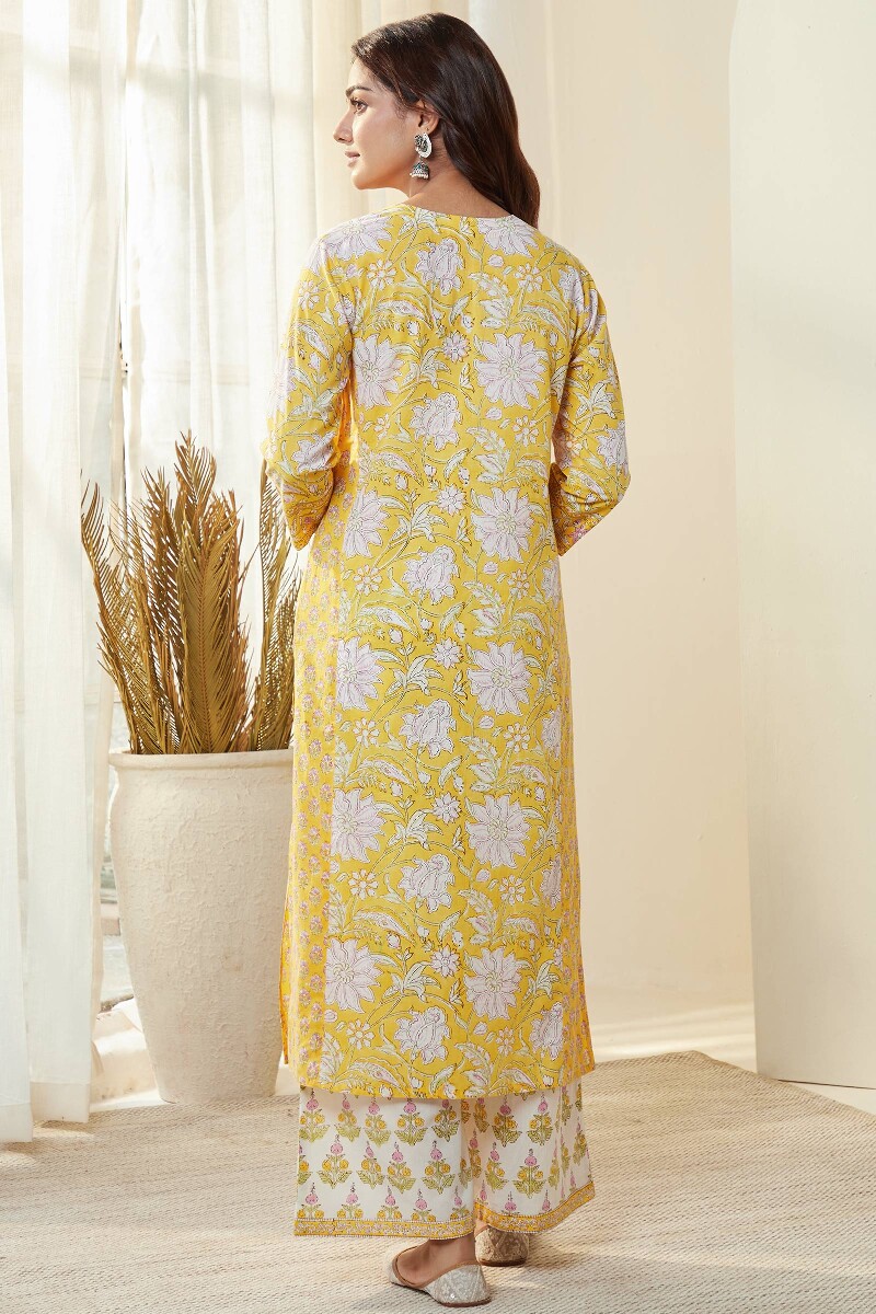 Yellow Hand Block-Printed Straight Cotton Kurta